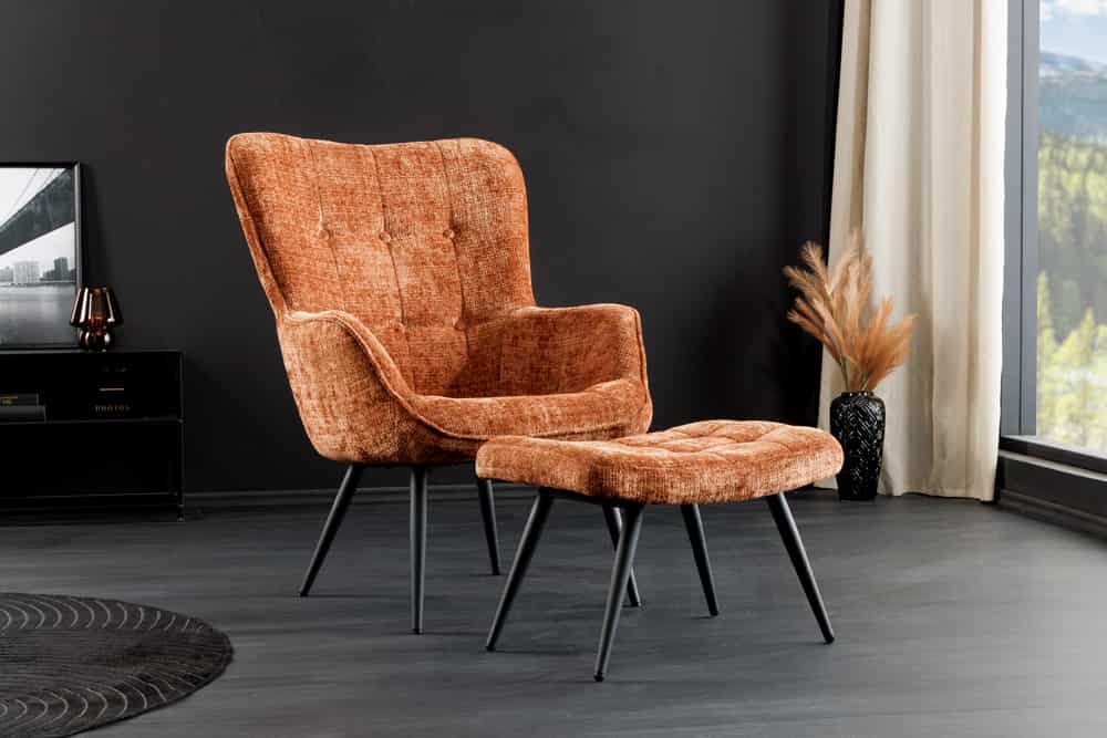 Design Sessel SCANDINAVIA rost braun Chenille Cremona schwarz Metall mit Armlehne
