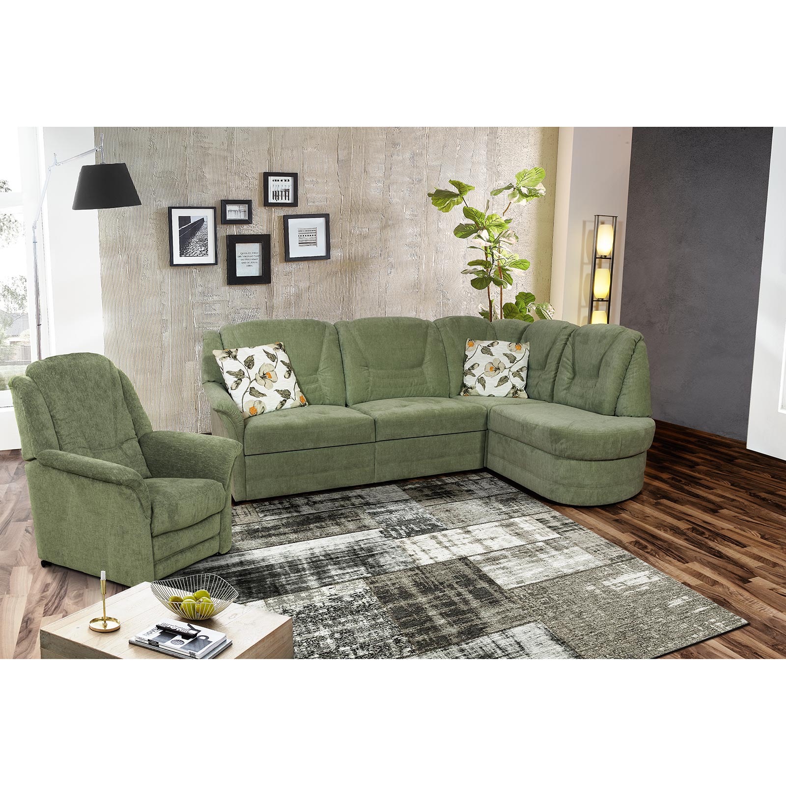 Ecksofa - grün - mit Staukasten - Recamiere rechts