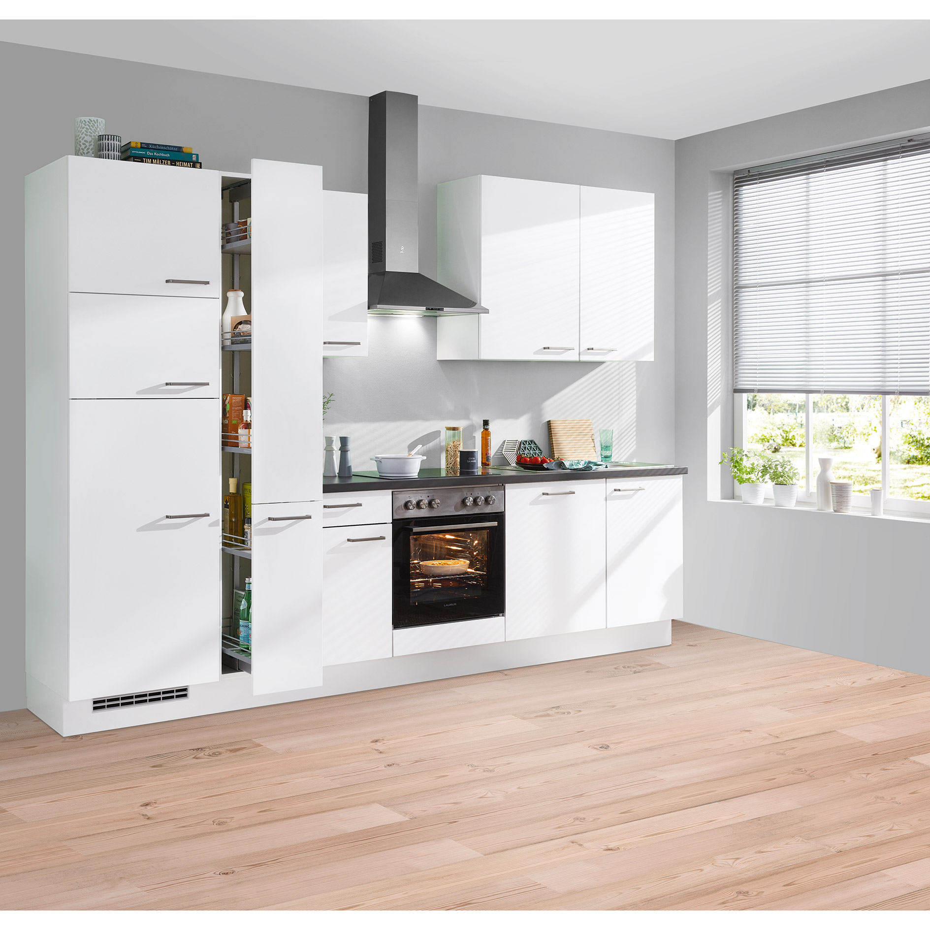 nobilia Küchenblock TOUCH - Lacklaminat Alpinweiß supermatt - mit E-Geräten - Kühlschrank links - 310 cm