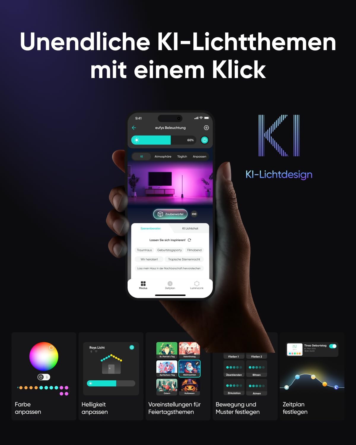 eufy Zimmer-Stehlampe E10, RGBWW LED, Smarte Stehlampe für Wohn- und Schlafzimmer, 16 Mio. Farben, 1700 Lumen, Kompatibel mit Google, Endlose KI-Lichtthemen, App-Steuerung, Musikmodus, Schwarz