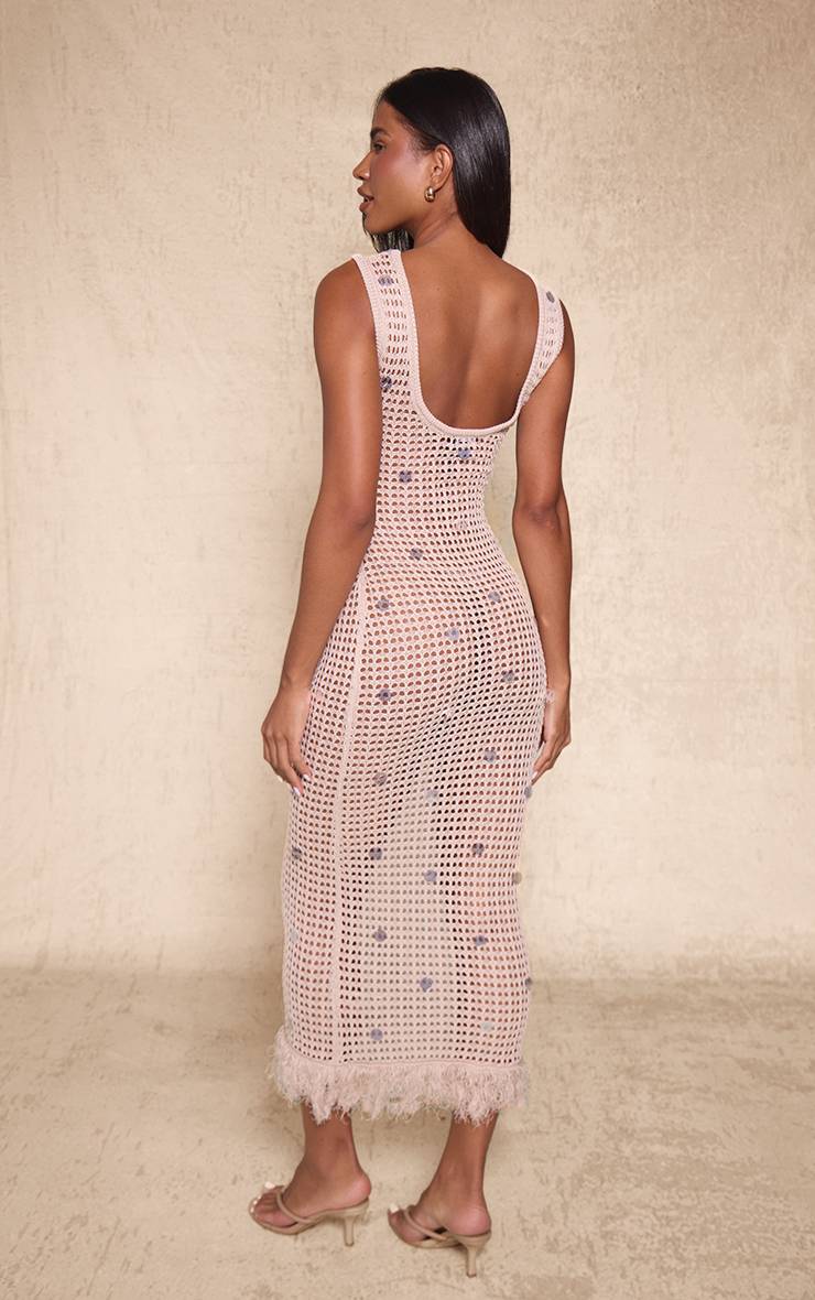 Taupe Robe Maxi Moulante À Sequins Tricotés Avec Ourlet À Franges