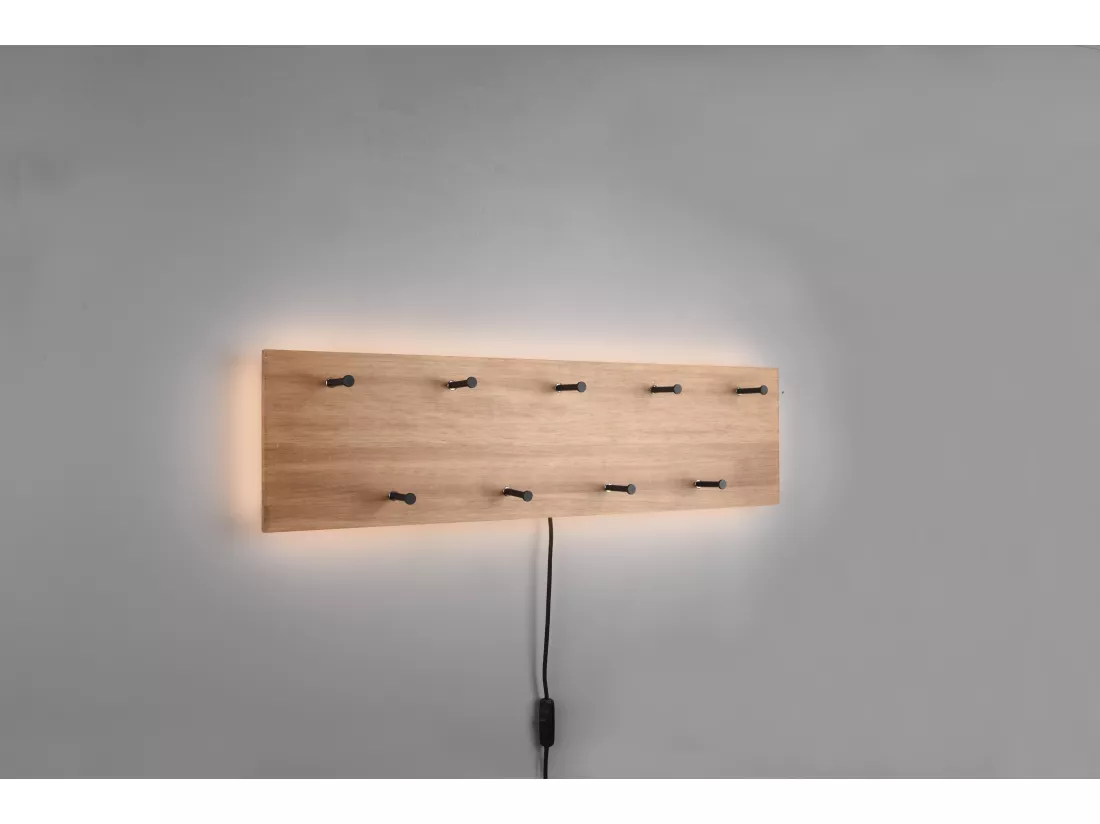 Samantha - Panneau d´accrochage mural avec crochets et bande LED - Naturel/Noir - 75x20x9,2cm