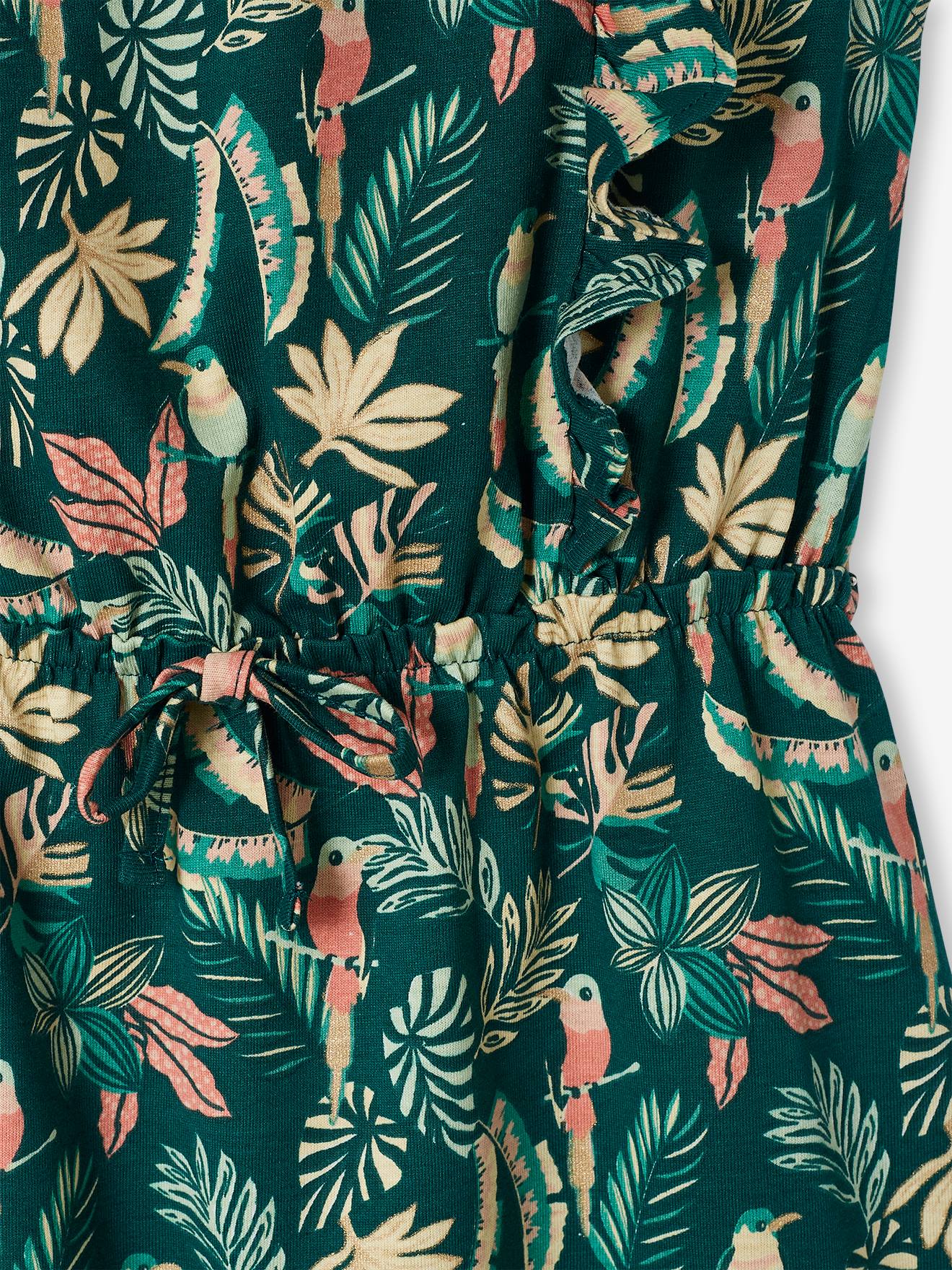 Vestido estampado com babados, para meninas, estampa verde escura