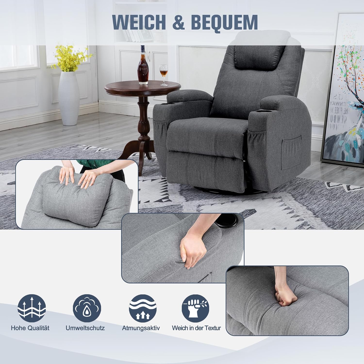 Fernsehsessel Relaxsessel Massagesessel mit Wärmefunktion und Vibration,Fernbedienung 360° Drehbar Leinen-Gray