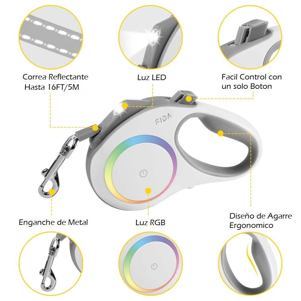 Guia extensível para cães FIDA com LED