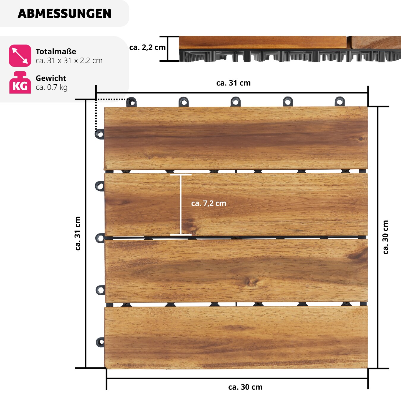 tectake® Terrassenfliesen, 20er Set mit Klicksystem, mit Drainage, 31 x 31 x 2,2 cm