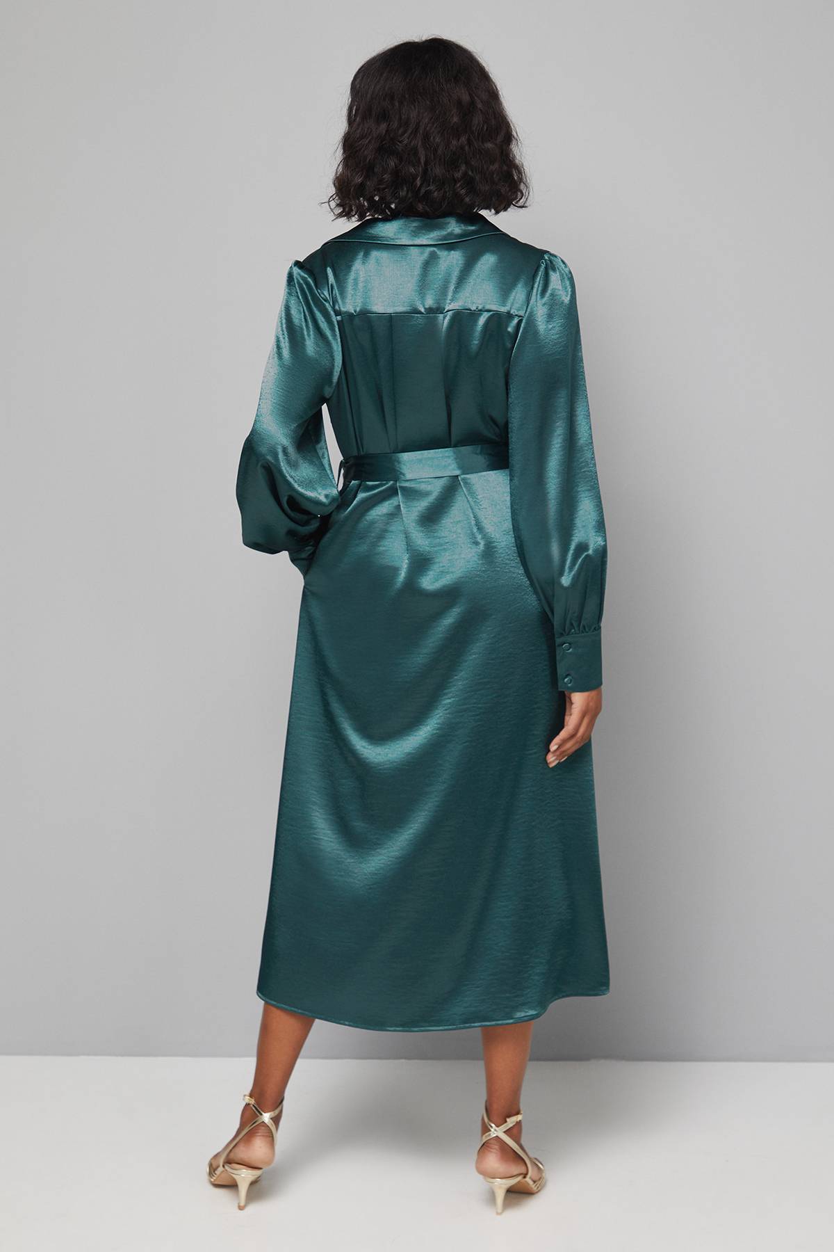 Wallis Robe Midi en Satin à Col et Ceinture Nouée
