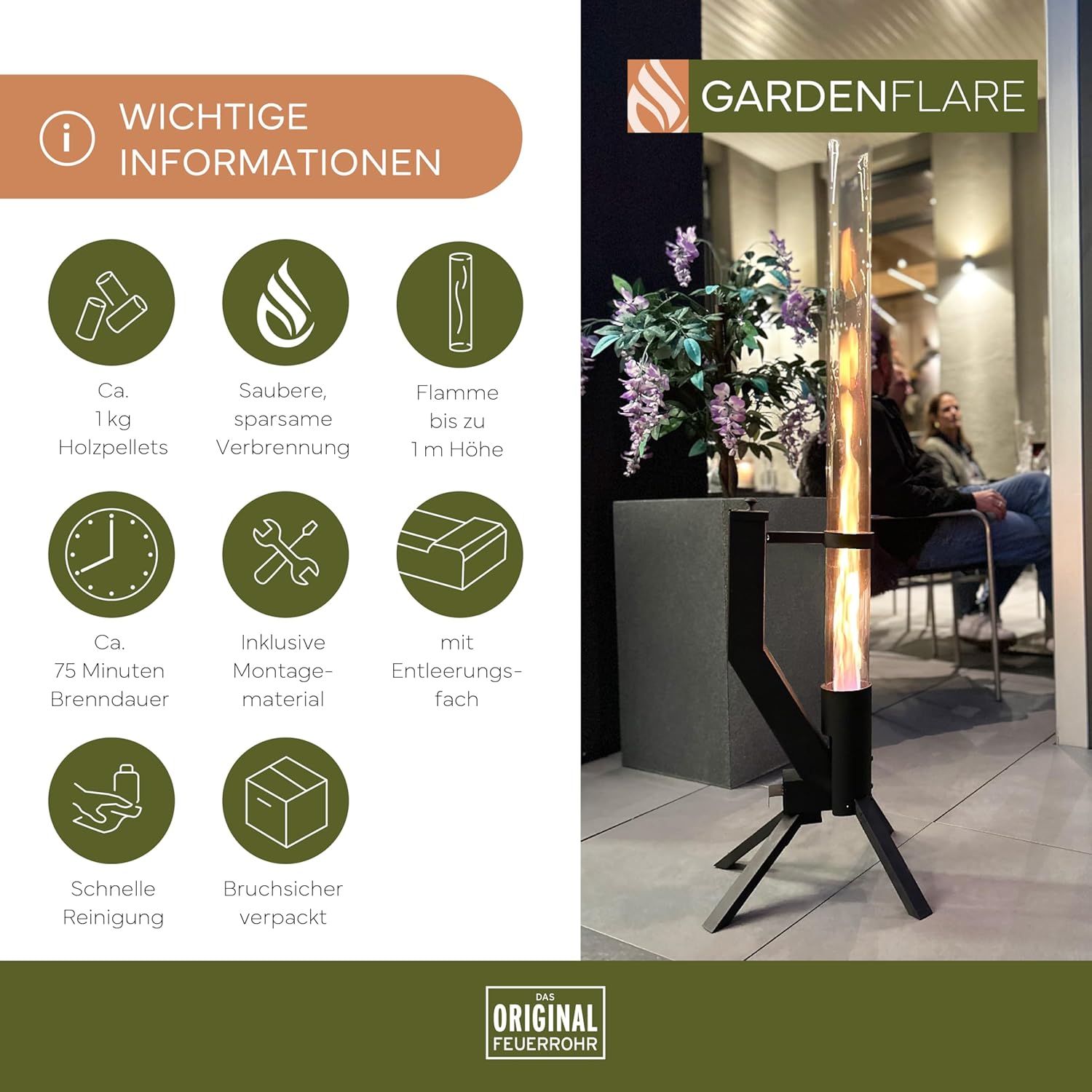 Feuerrohr Klassik – Edelstahl Feuersäule und Pelletfackel für Tolles Ambiente-Feuer – Terrassenheizer und Gartenkamin Alternative für Deine Terrasse und Garten (Schwarz Pulverbeschichtet)