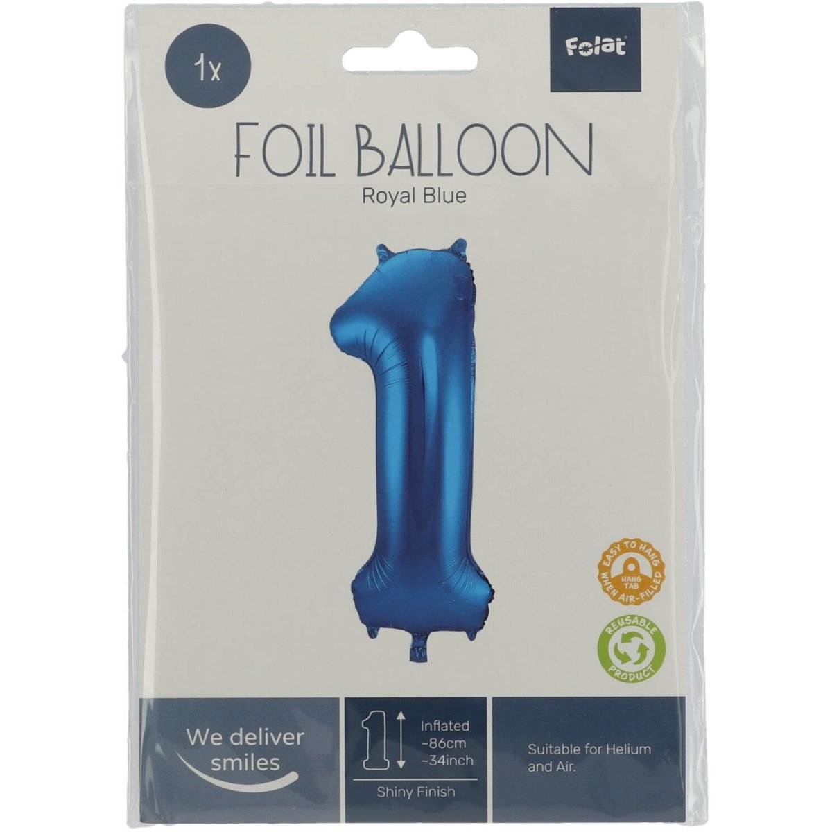 Folie Ballon Cijfer 1 Blauw Metallic XL 86cm leeg