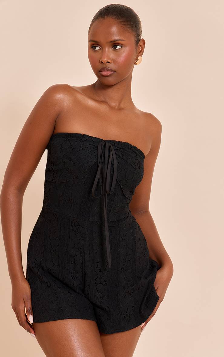 Noir Combi-short En Dentelle À Col Rabattu