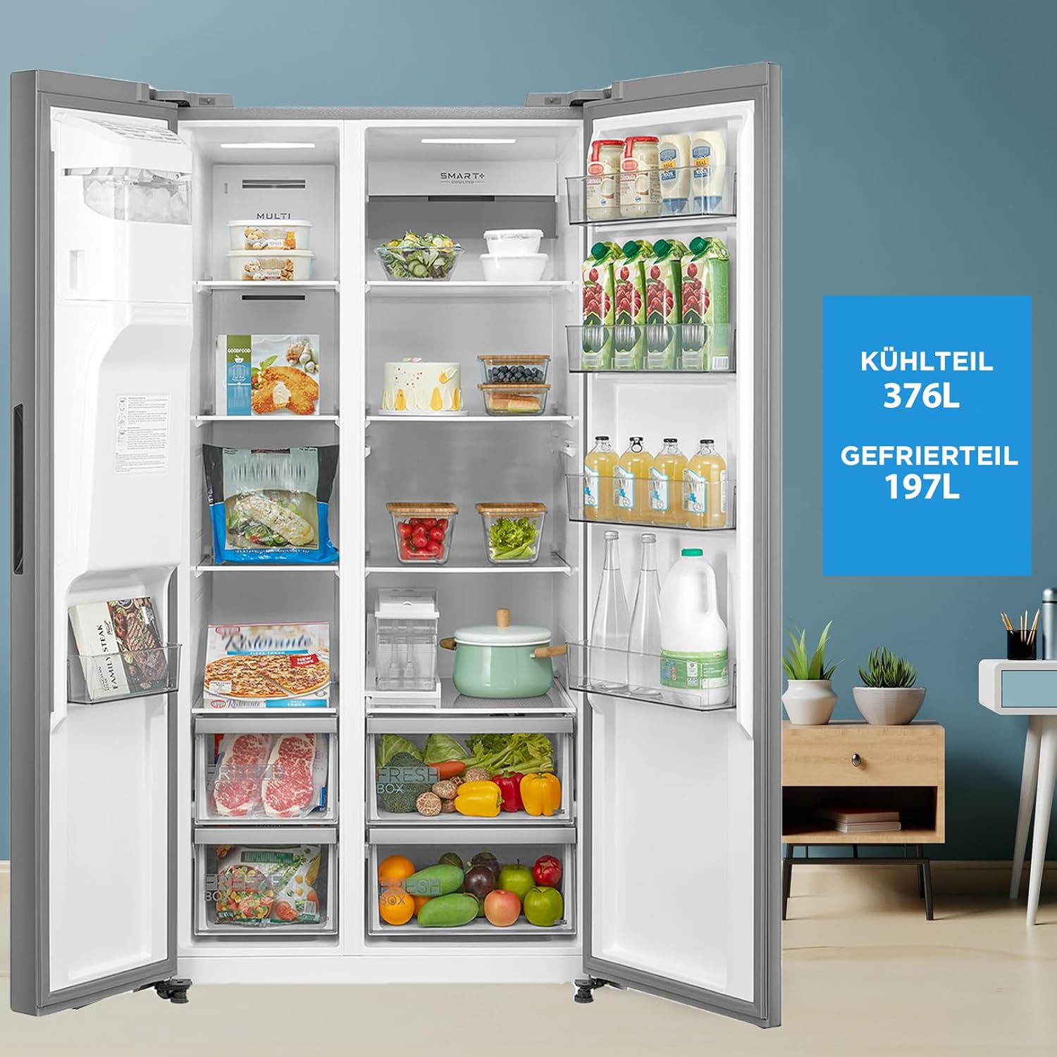 Midea MDRS761MYC46 Side-by-Side Kühl-/Gefrierkombination/No Frost/3in1 Wasser-/Eisspender und Wassertank/Dual Inverter Compressor/179,3 cm Höhe/573L Gesamtvolumen/208 kWh/Jahr/Rostfreier Stahl