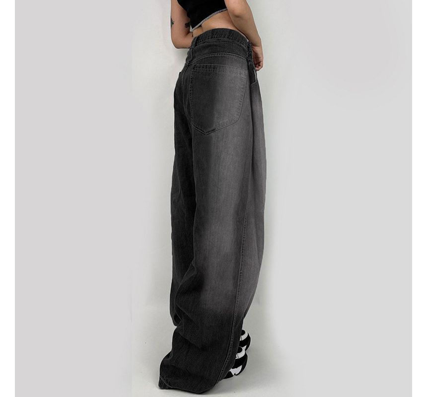 Genrovia - Mid Waist Washed Wide Leg Jeans