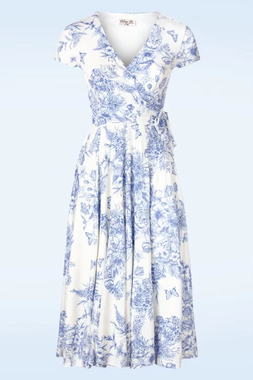 Vintage Chic for Topvintage Layla Floral swing jurk in wit en blauw
