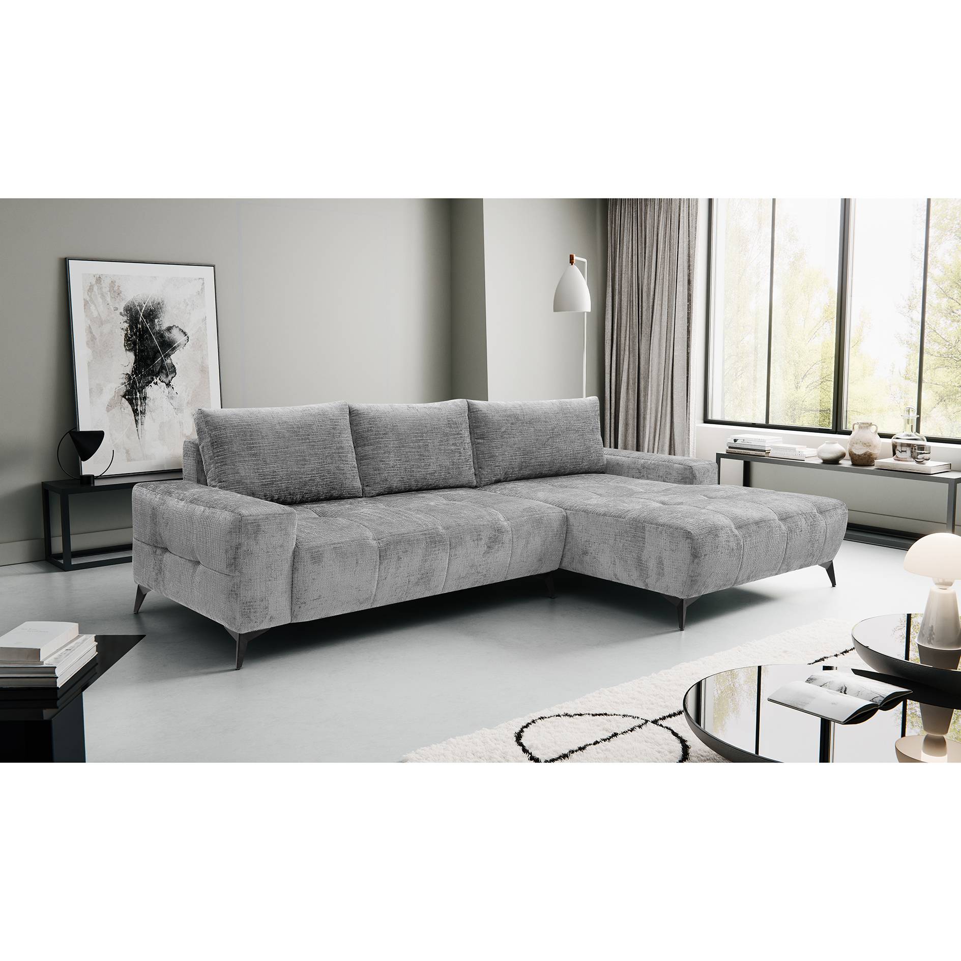 Ecksofa - ash - Liegefunktion - Staukasten - Longchair rechts