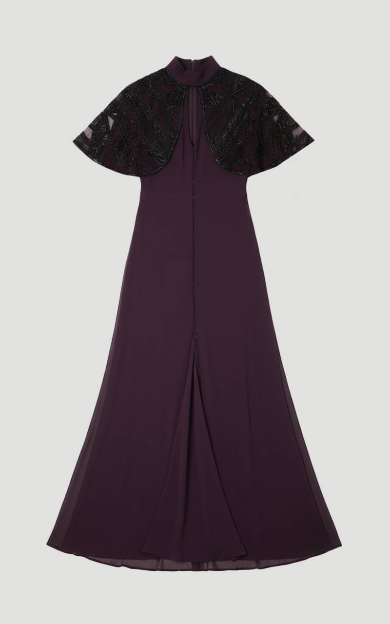 KarenMillen Robe Longue Tissée à Détail Cape Ajourée Ornée de Cristaux - Taille Petite