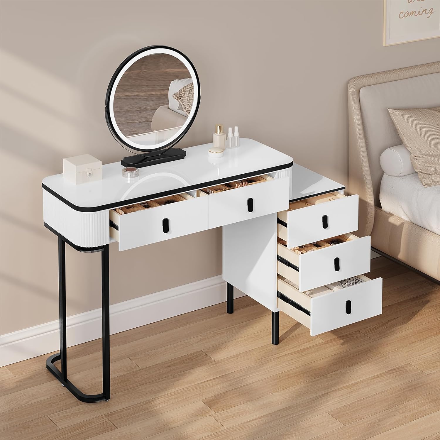 WOLTU Schminktisch mit Spiegel LED & Beleuchtung & Hocker, 3 Lichtfarben, Moderner Frisiertisch mit 5 Schubladen, 2-in-1 Schreibtisch, Flexibler Unterschrank, für Schlafzimmer, Holz, in Weiß+Schwarz