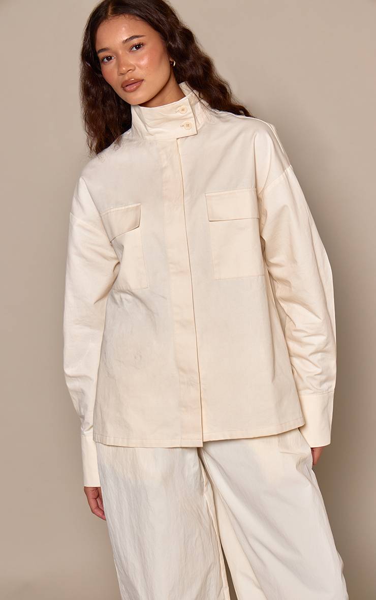 Crème Chemise Ample En Coton À Col Montant
