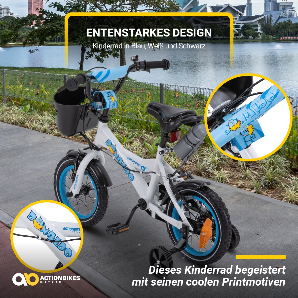 Actionbikes Kinderfahrrad Donaldo 12 Zoll, V-Brake-Bremsen, höhenverstellbar, Stützräder, Korb