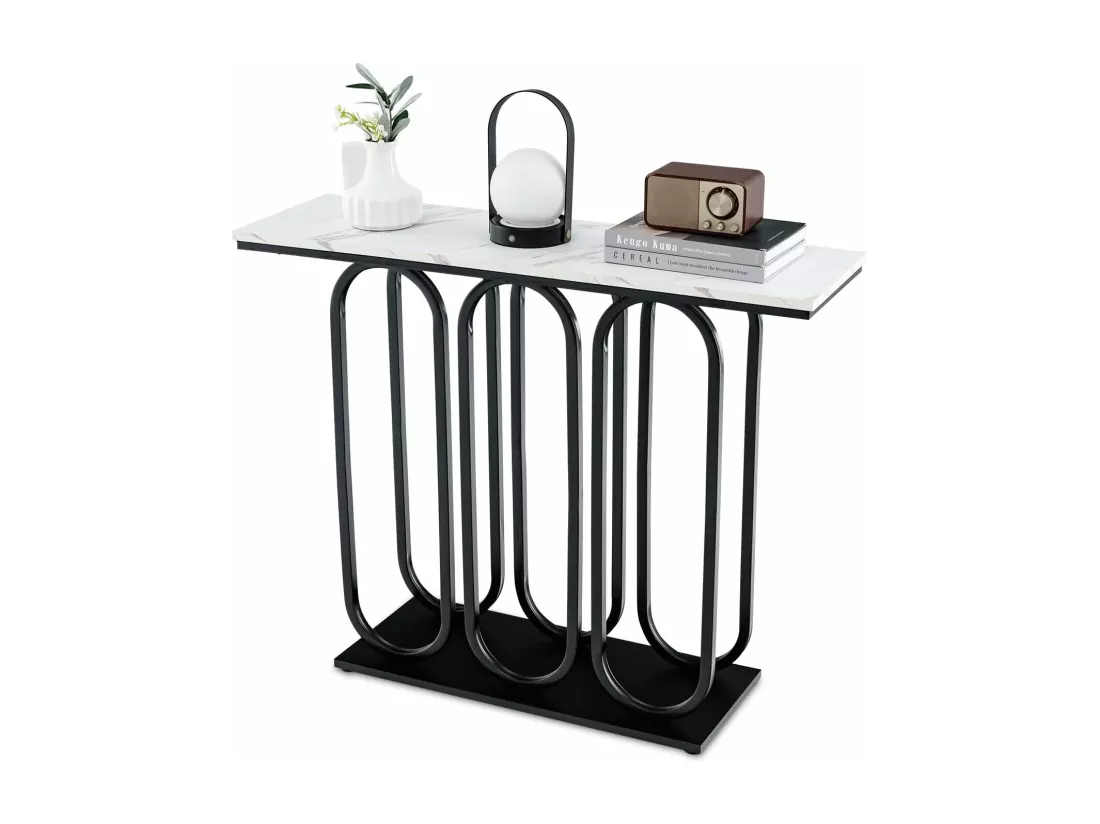 Table console, en faux marbre, design ovale moderne, cadre en métal noir 100 x 30 x 80 cm