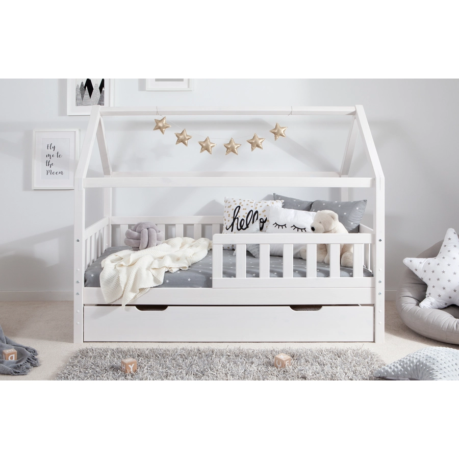 TICAA Kinderbett Hausbett Kay 80x160 inkl. Schubkästen Kiefer weiß Weiß