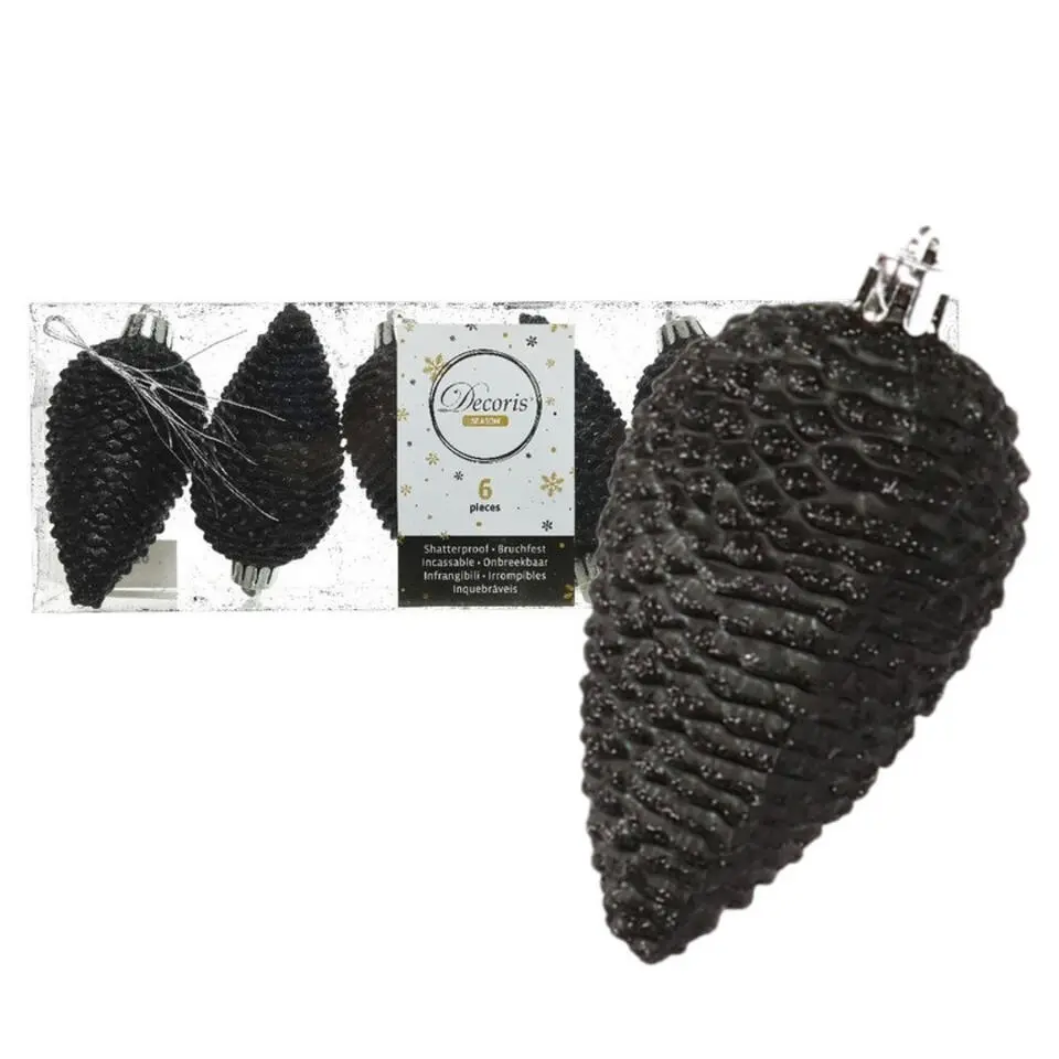 Decoris Kersthangers dennenappels - 6x - zwart - glitter - 8 cm