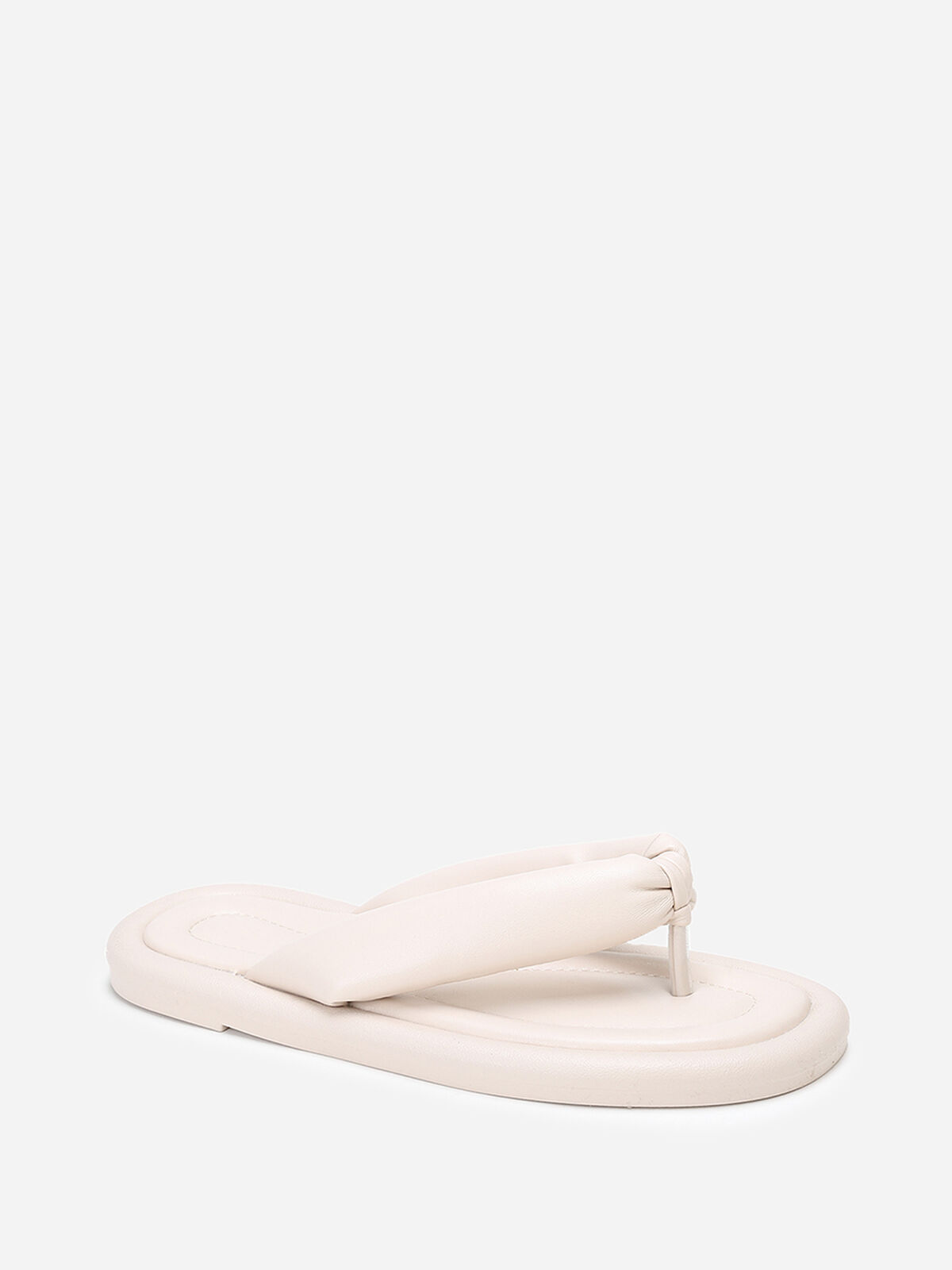 Tongs en simili à bride arrondie et matelassée- Beige