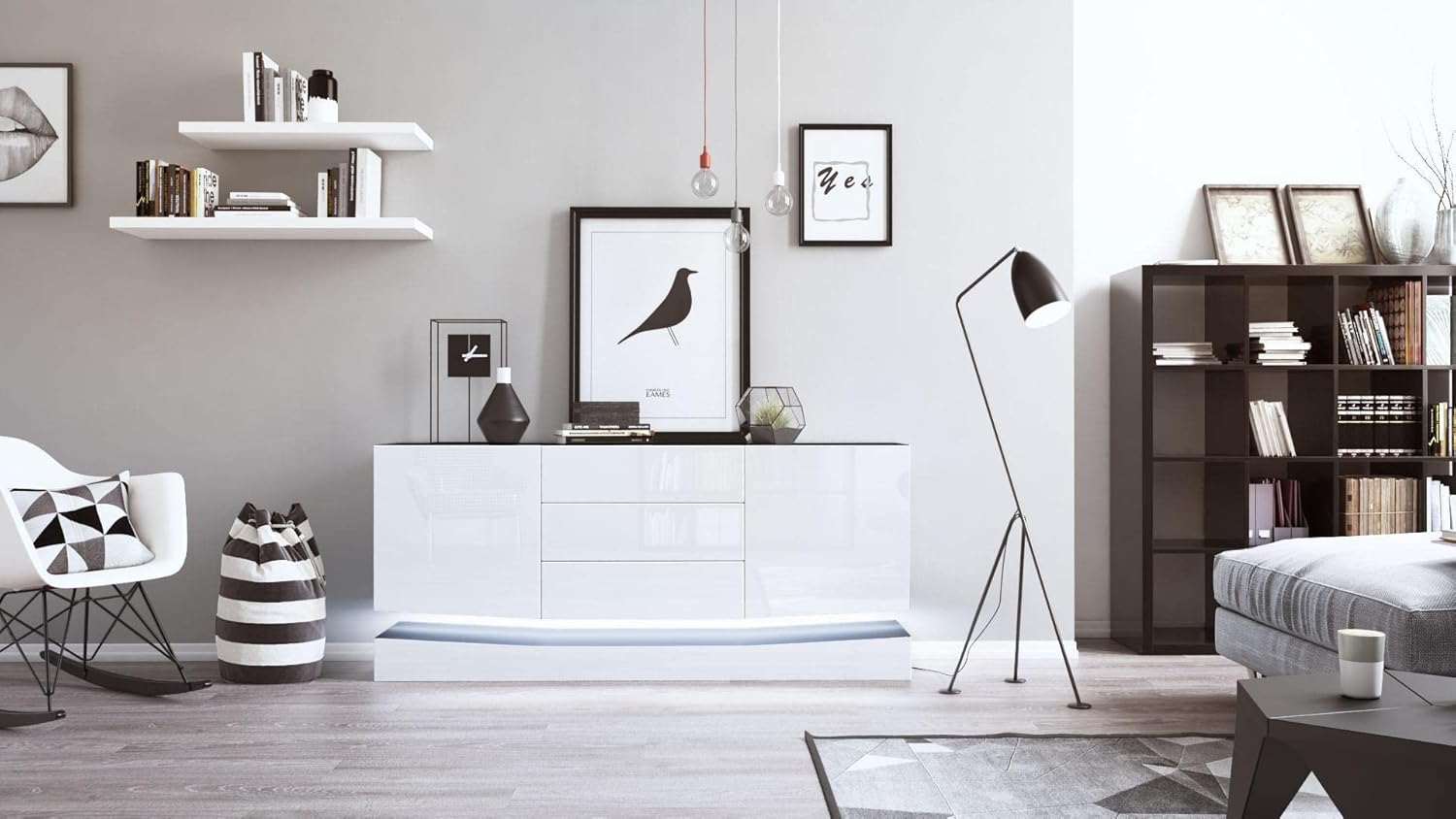 Vladon Sideboard City, Made in Germany, Schwarz matt/Weiß Hochglanz inkl. LED - Moderne Kommode für Ihr Wohnbereich (178 x 72 x 38 cm)