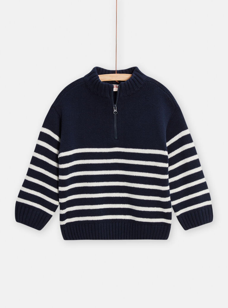Pull bleu marine à rayures col montant pour garçon