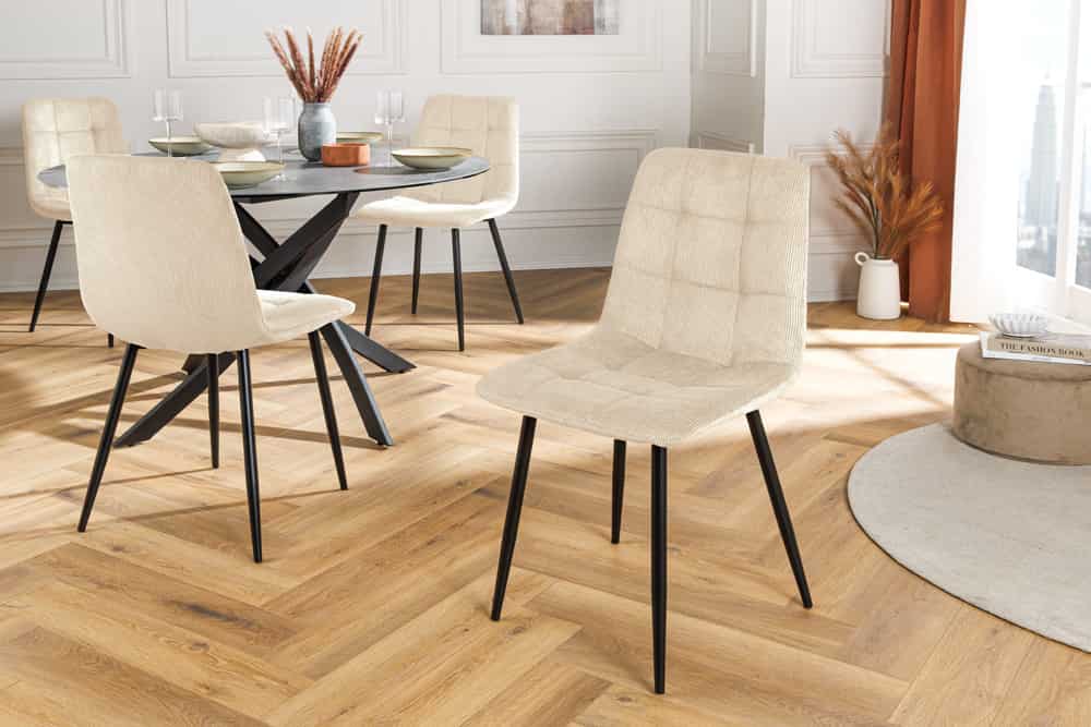 Moderner Design Stuhl TRES CHIC beige Cord schwarze Metallbeine Esszimmer
