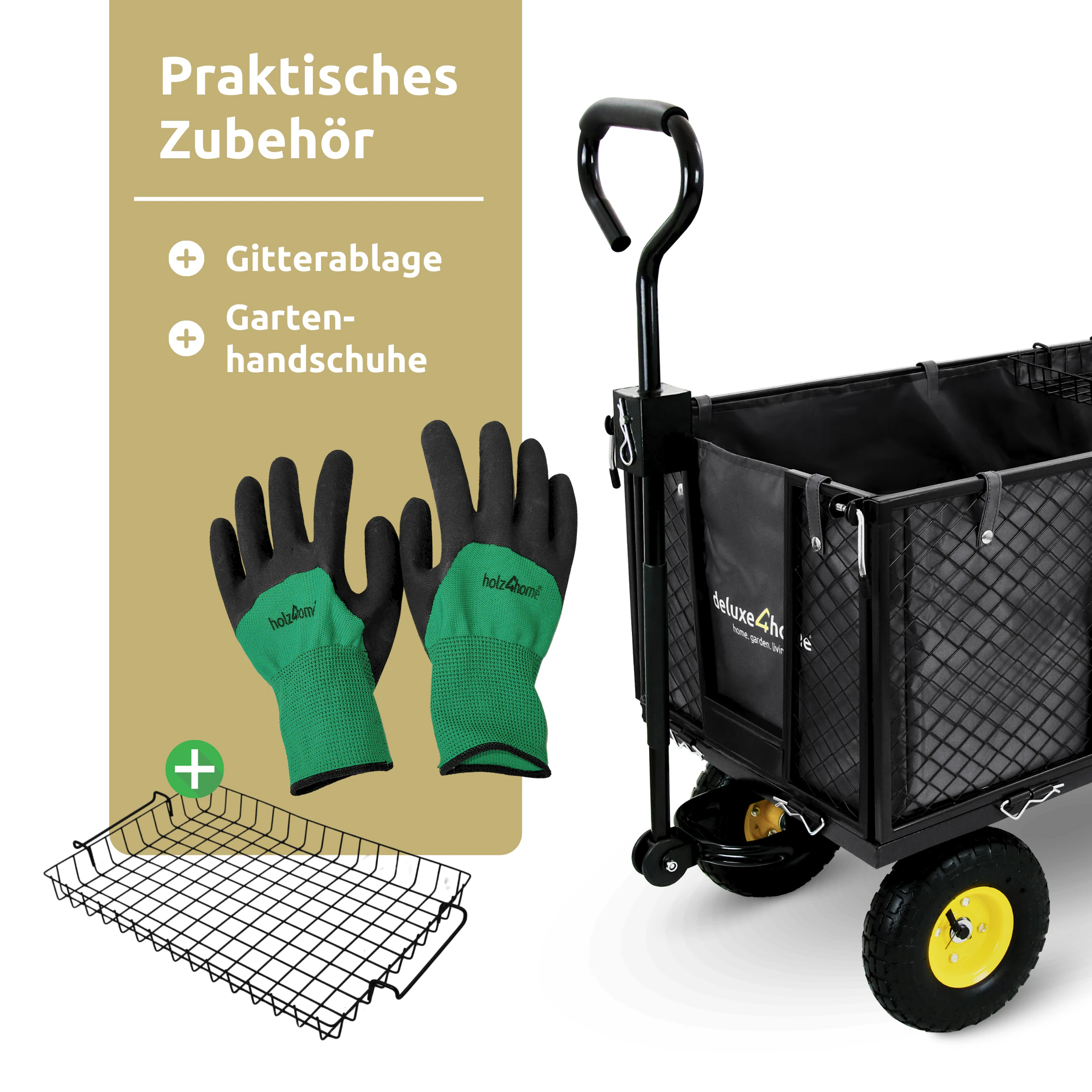 deluxe4home® Bollerwagen | Transportwagen inkl. Handschuhe | Schwarz