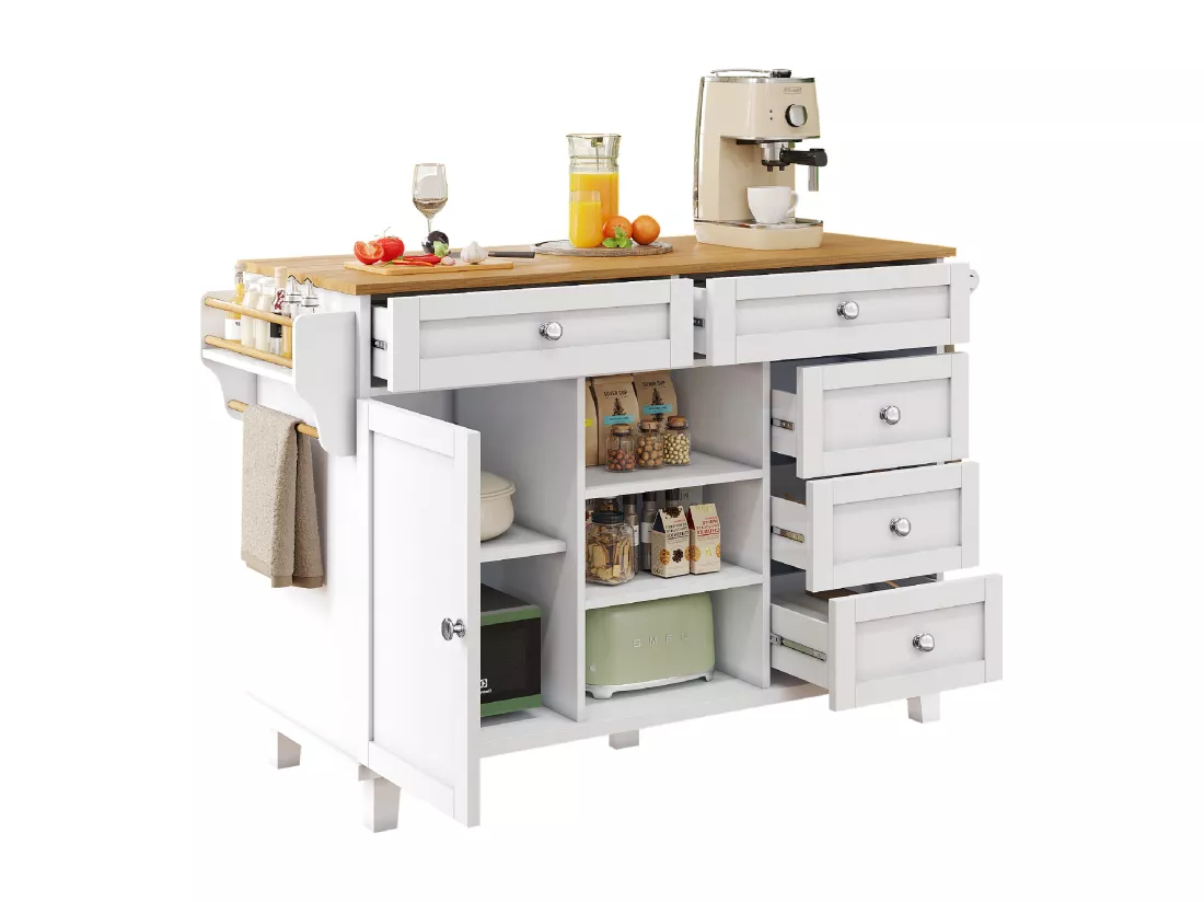 Ilot central de cuisine fixe avec une porte, 5 tiroirs et 3 compartiments ouverts - 134 x 46 x 92 cm - Bois MDF - Blanc