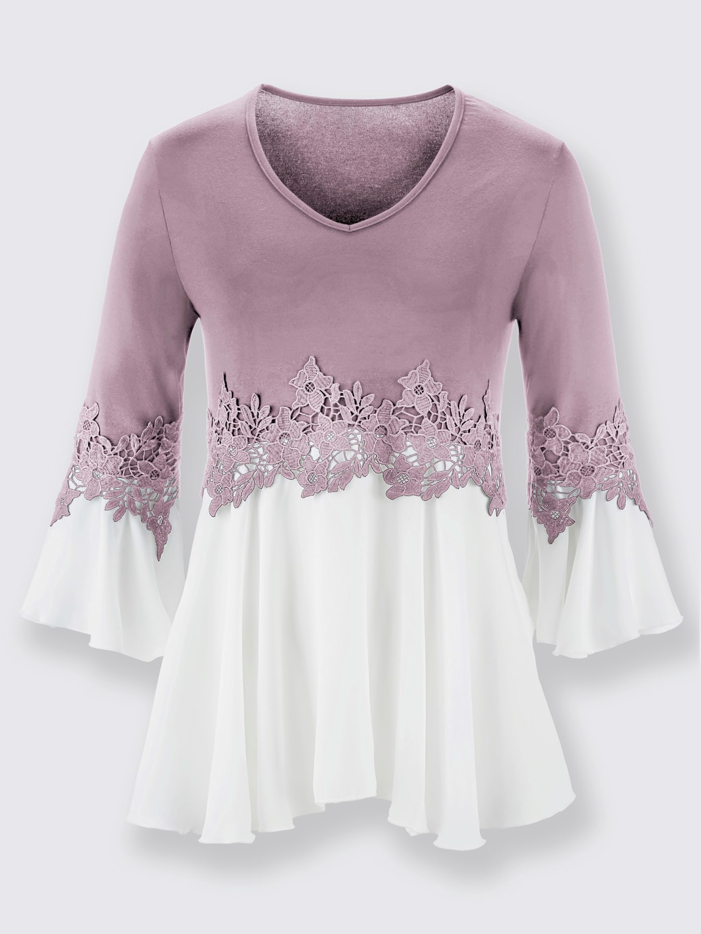 T-shirt bicolore souple ornée dentelle fleurie