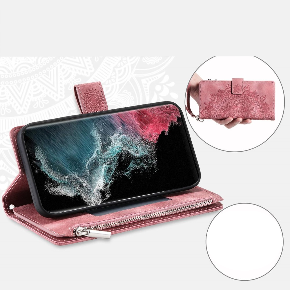 Samsung Galaxy S23 Ultra 5G Leder Tasche Flip Cover mit Reissverschluss - Mandala Flowers Imprint - Rosa