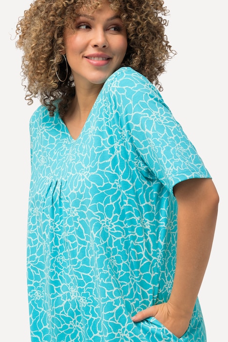 Longshirt, Zierfalten, A-Linie, V-Ausschnitt, Halbarm