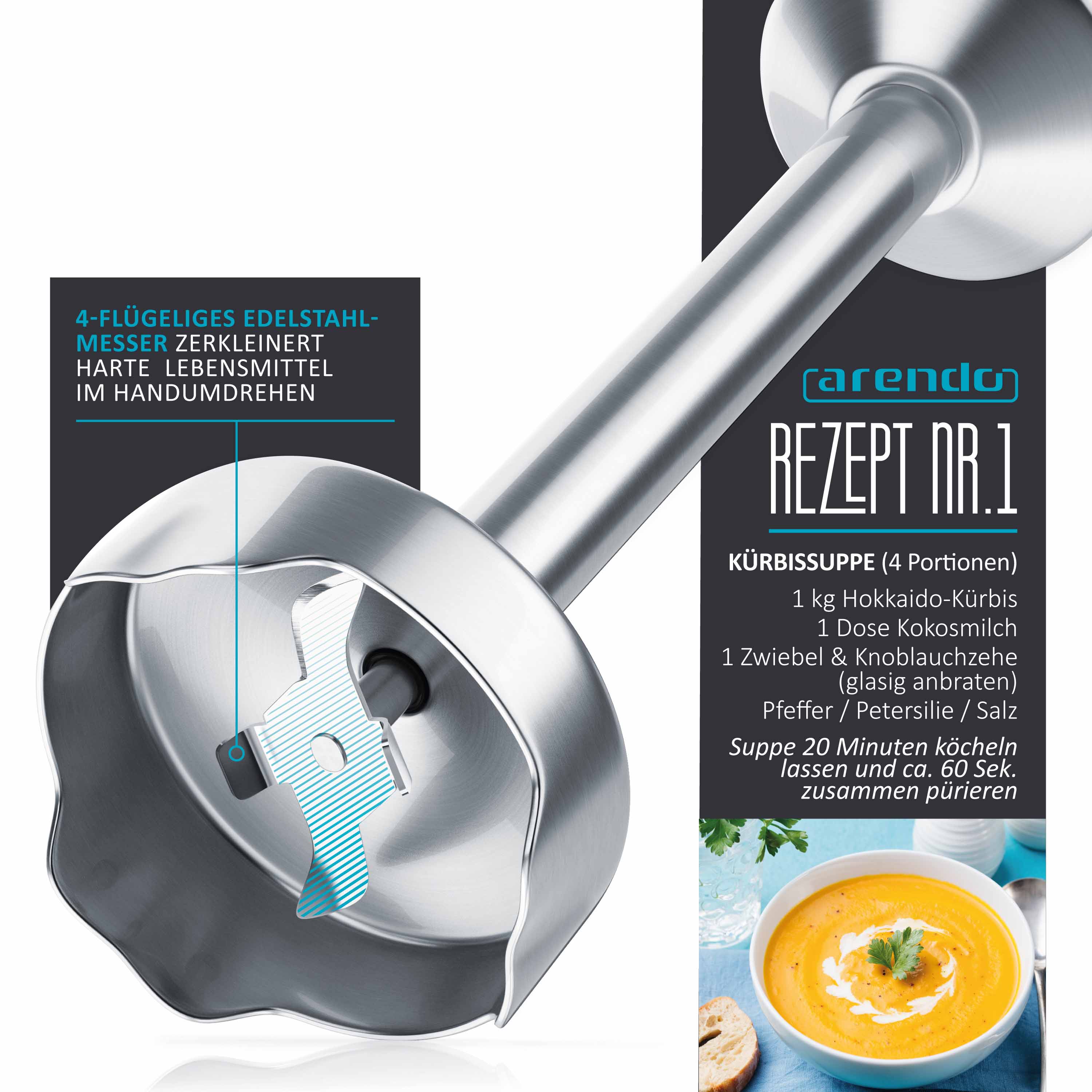 Arendo Edelstahl Stabmixer in grau Handmixer - Pürierstab - stufenlose Regelung