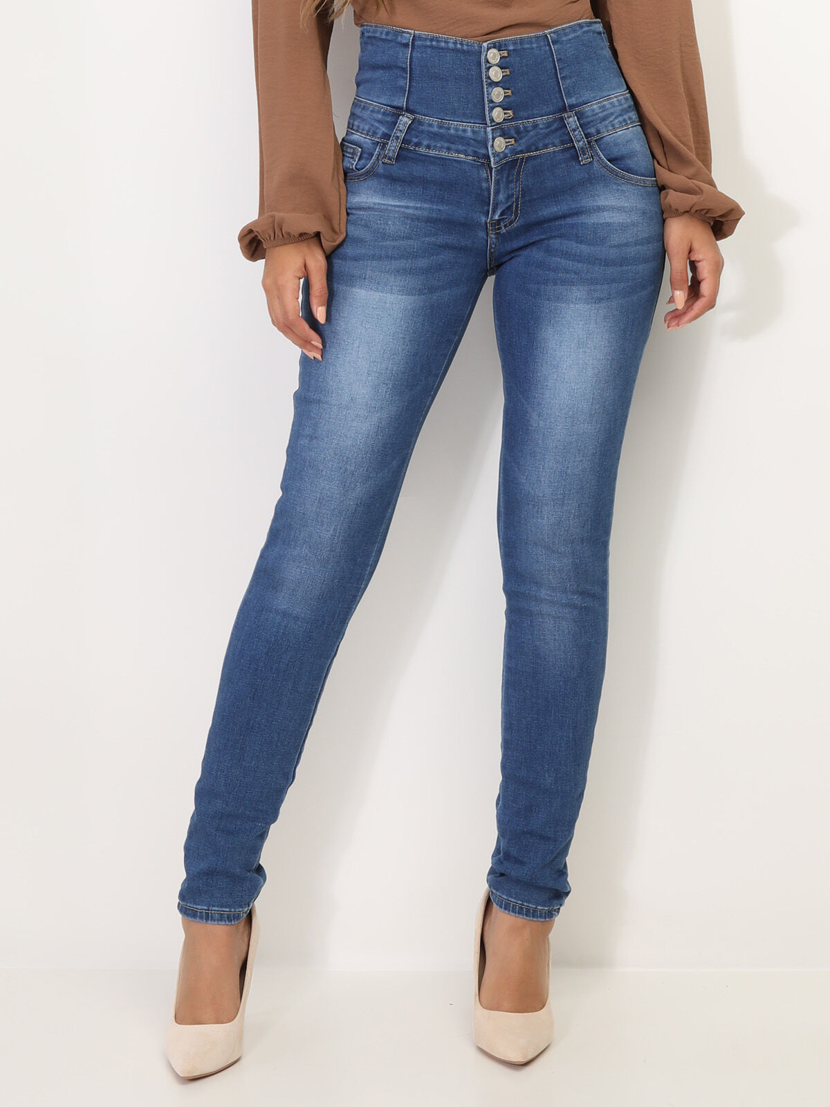 Jeans skinny taille haute à 5 boutons- Bleu