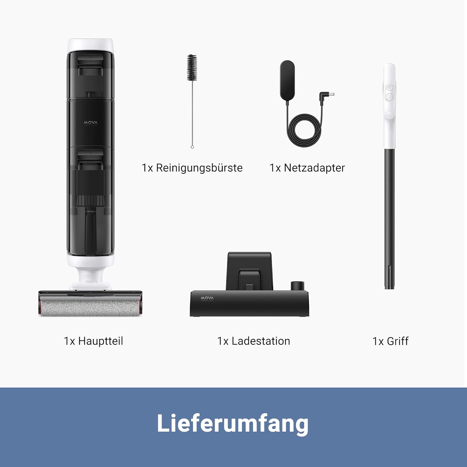 Mova K20 Nass- und Trockensauger, 4 kg Leichter Sauger, selbstreinigende automatische Bürsten, 30 min Laufzeit, Doppel-Kantenreinigung