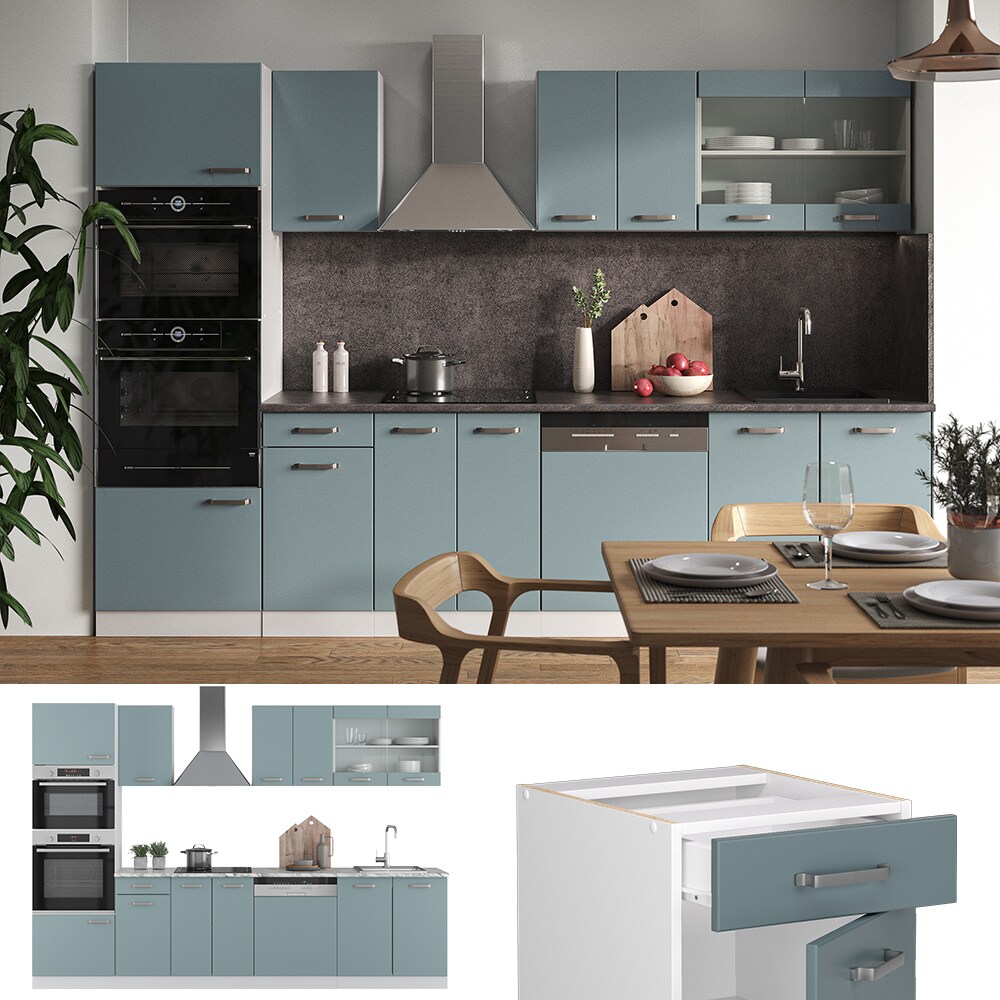 Vicco Küchenzeile R-Line Solid Weiß Blau Grau 300 cm modern Küchenschränke Küchenmöbel