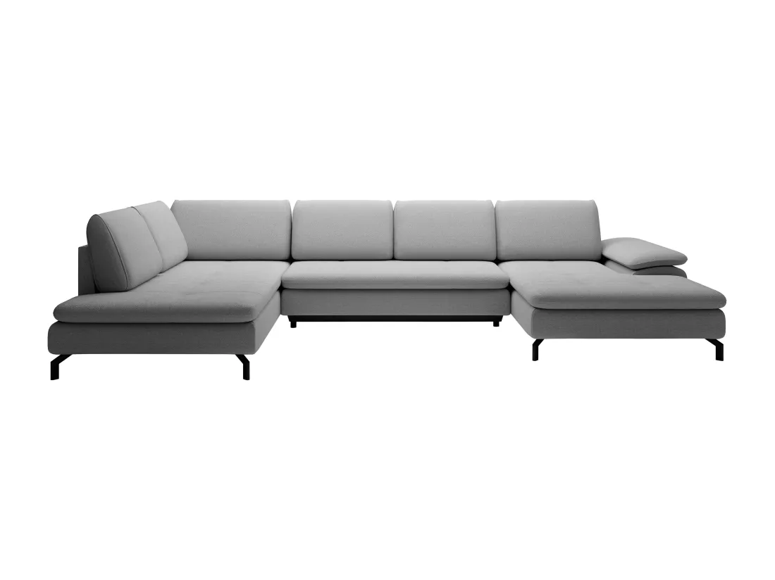 Grand canapé d'angle gauche panoramique convertible en tissu texturé gris ARCHIBALD