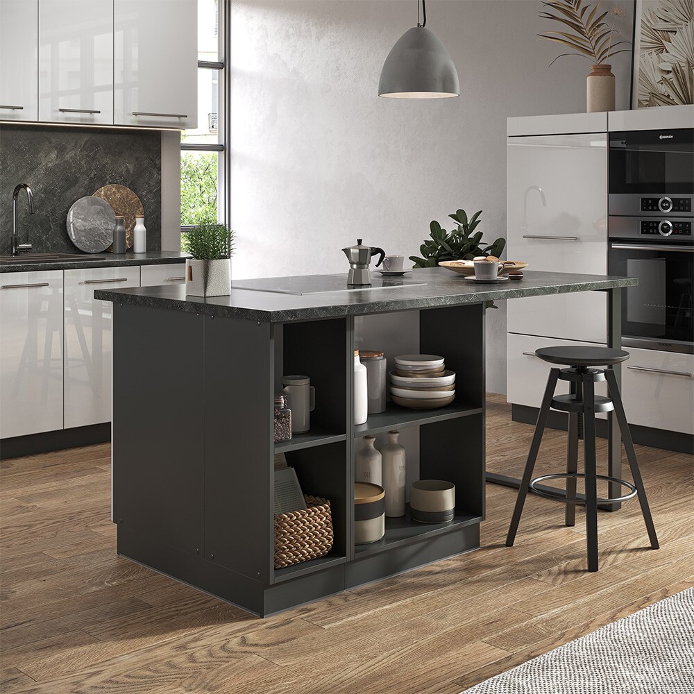 Vicco Kücheninsel Küchenblock Einbauküche Fame-Line Anthrazit Weiß 90 cm modern Hochglanz Küchen Schränke Apothekerunterschrank Schubunterschrank Regalinselunterschrank Softclose-Scharnier Küchenmöbel