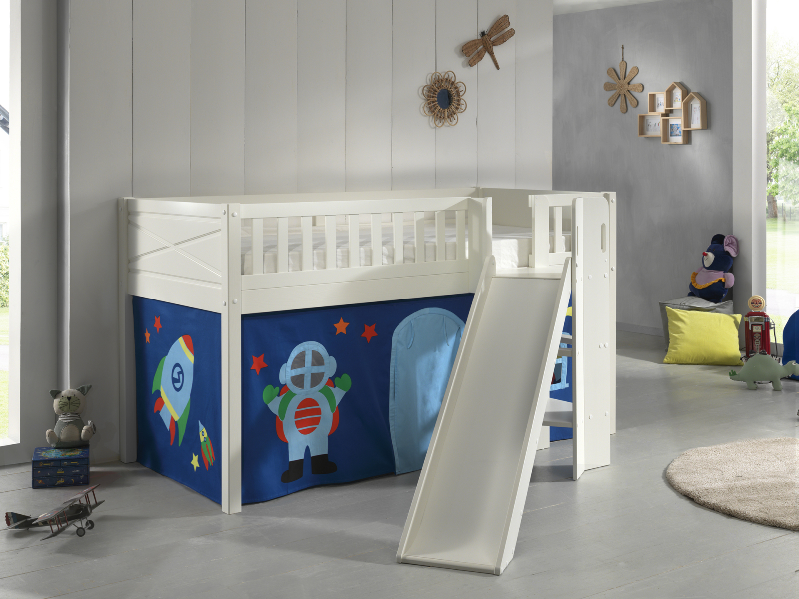 Spielbett SCOTT - weiß - Astro - mit Rutsche, Vorhang und Leiter - 90x200 cm