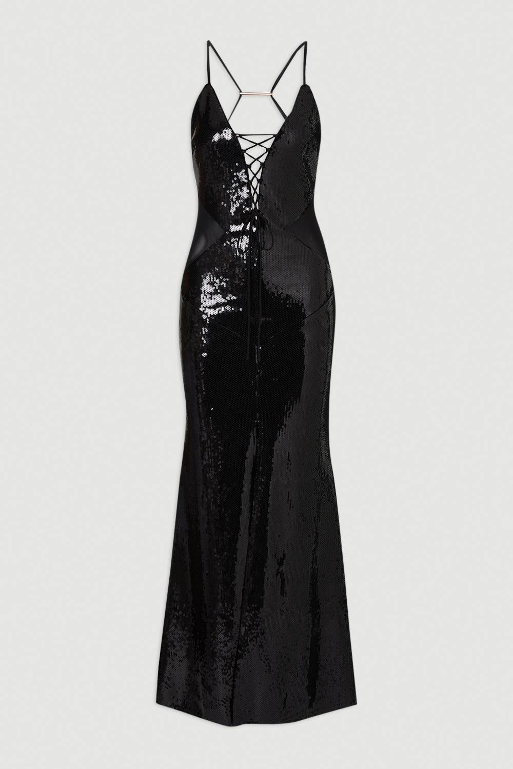 KarenMillen Robe Longue à Col Halter avec Détail Fendu, Laçage Devant et Maille Power Mesh à Sequins