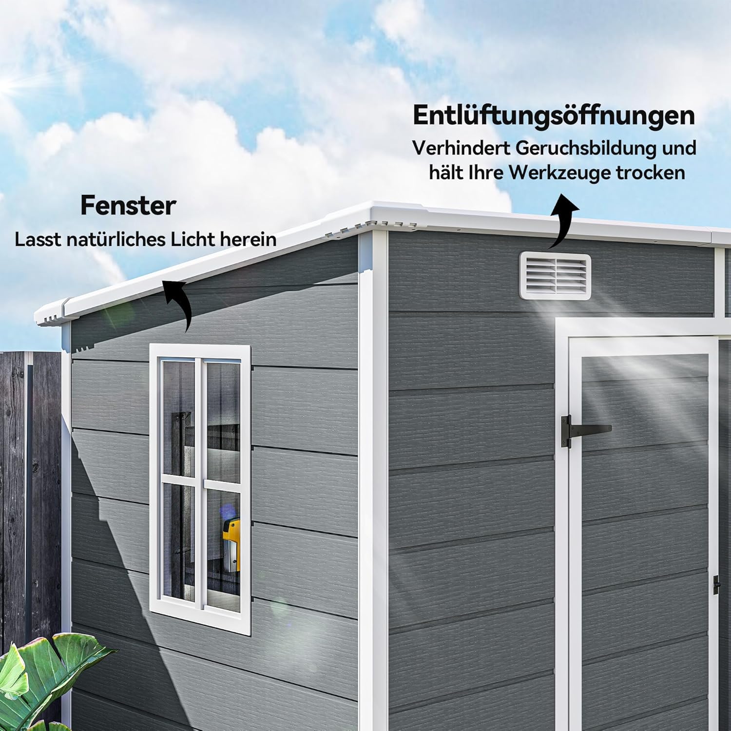 Outsunny Gerätehaus 2,54m², Wasserdicht Gartenhaus mit Boden Pultdach, 238x125x183/165 cm, Geräteschuppen mit Abschließbar Tür, Fenster Fahrradgarage Gartenschrank aus Alu, für Hinterhof, Garten, Grau