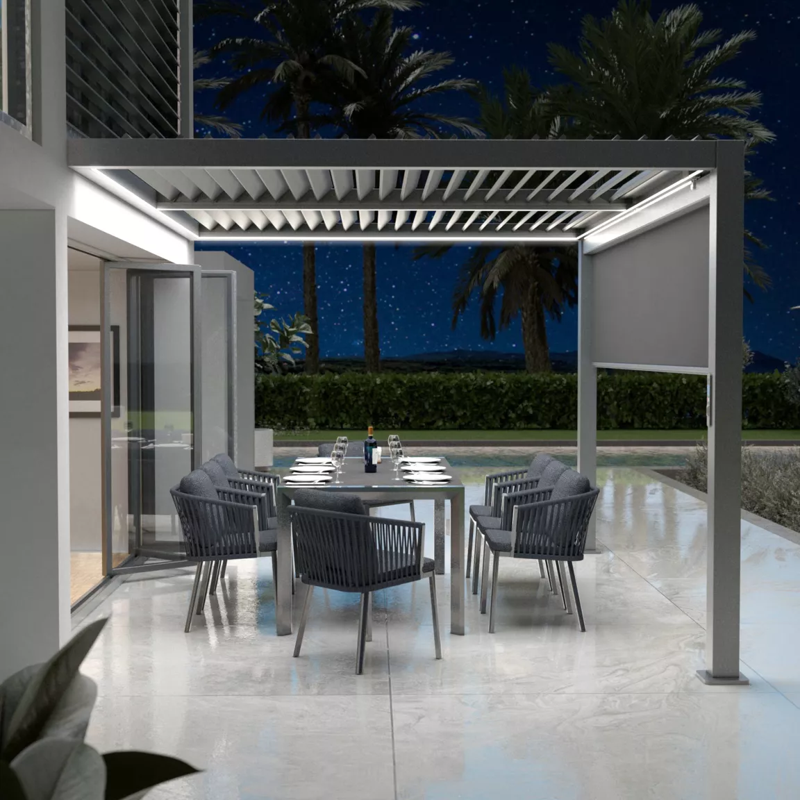 Pergola bioclimatique Adossée motorisée aluminium et LED (3 x 4 m) Gris anthracite