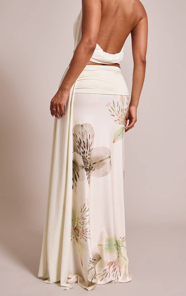 Crème Jupe Longue Imprimée Taille Froncée Co-ord Petite