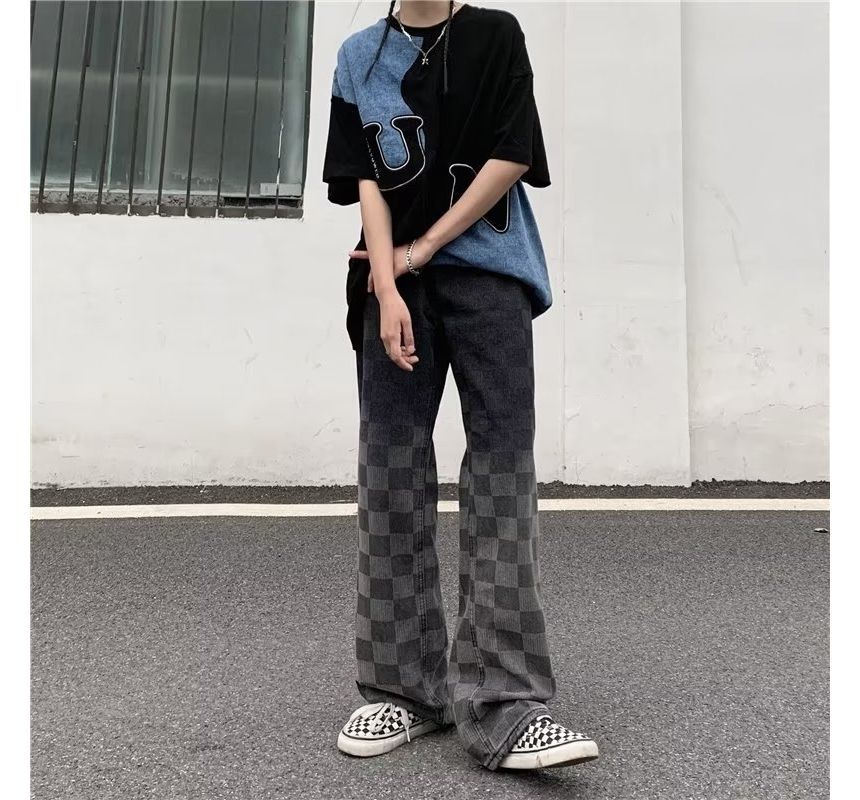 Urtishia - High-waist Gradient Plaid Wide-Leg Jeans