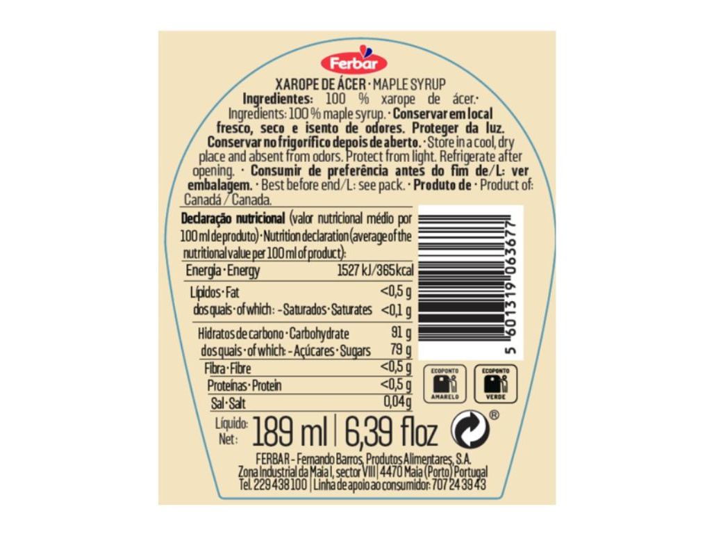 XAROPE FERBAR ÁCER MAPLE SYRUP 189 ML