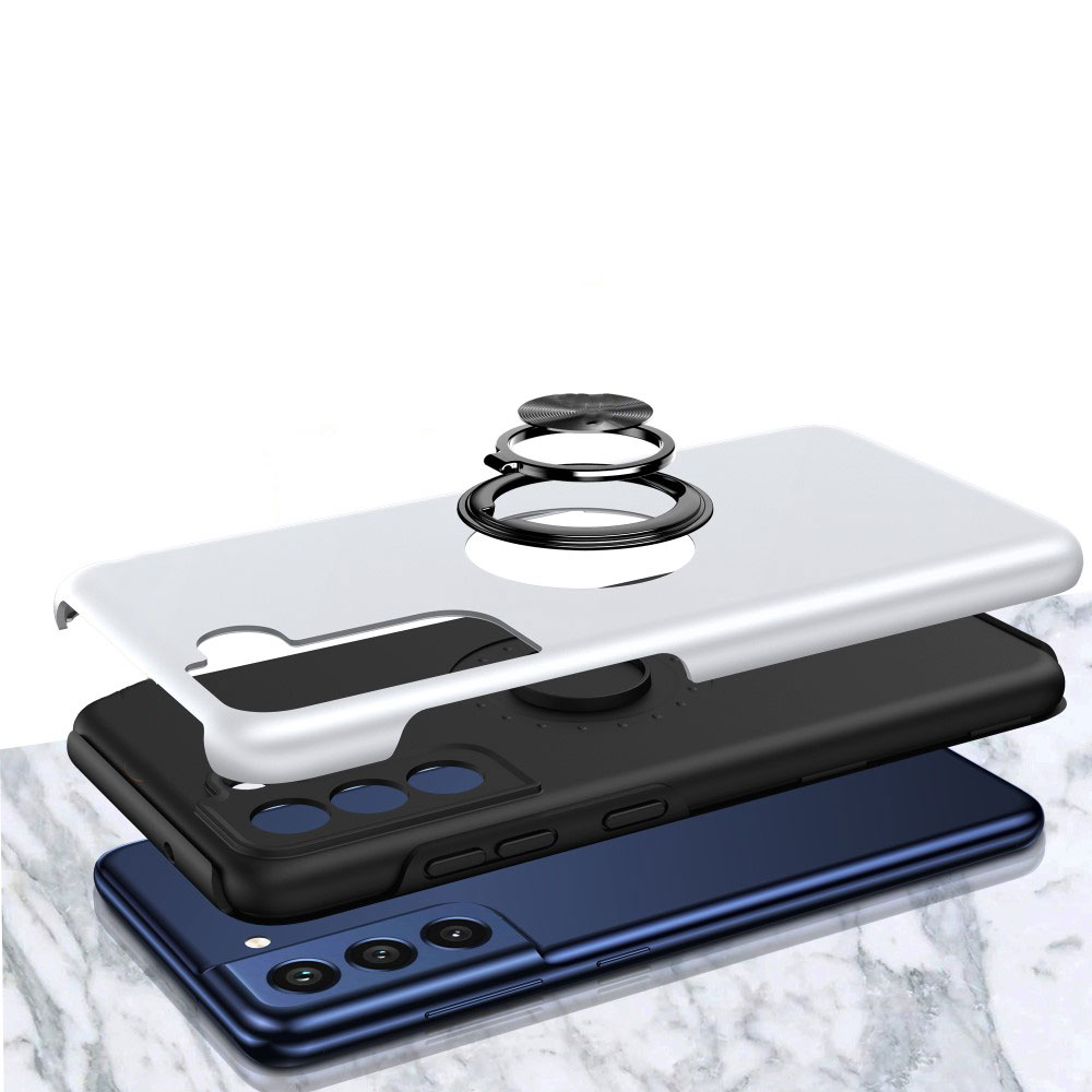 Samsung Galaxy S21 FE 5G Hybrid Hardcase Hülle   Magnetischer Kickstand Haltering - Silber (Matt)