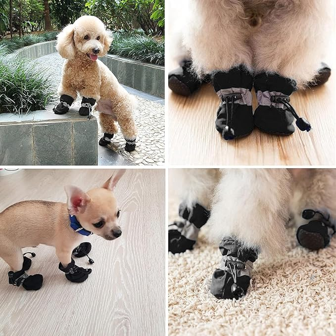 (4er Set) Gr. S Hunde Winter Schuhe Haustier Stiefel Outdoor Pfotenschutz Socken - Schwarz