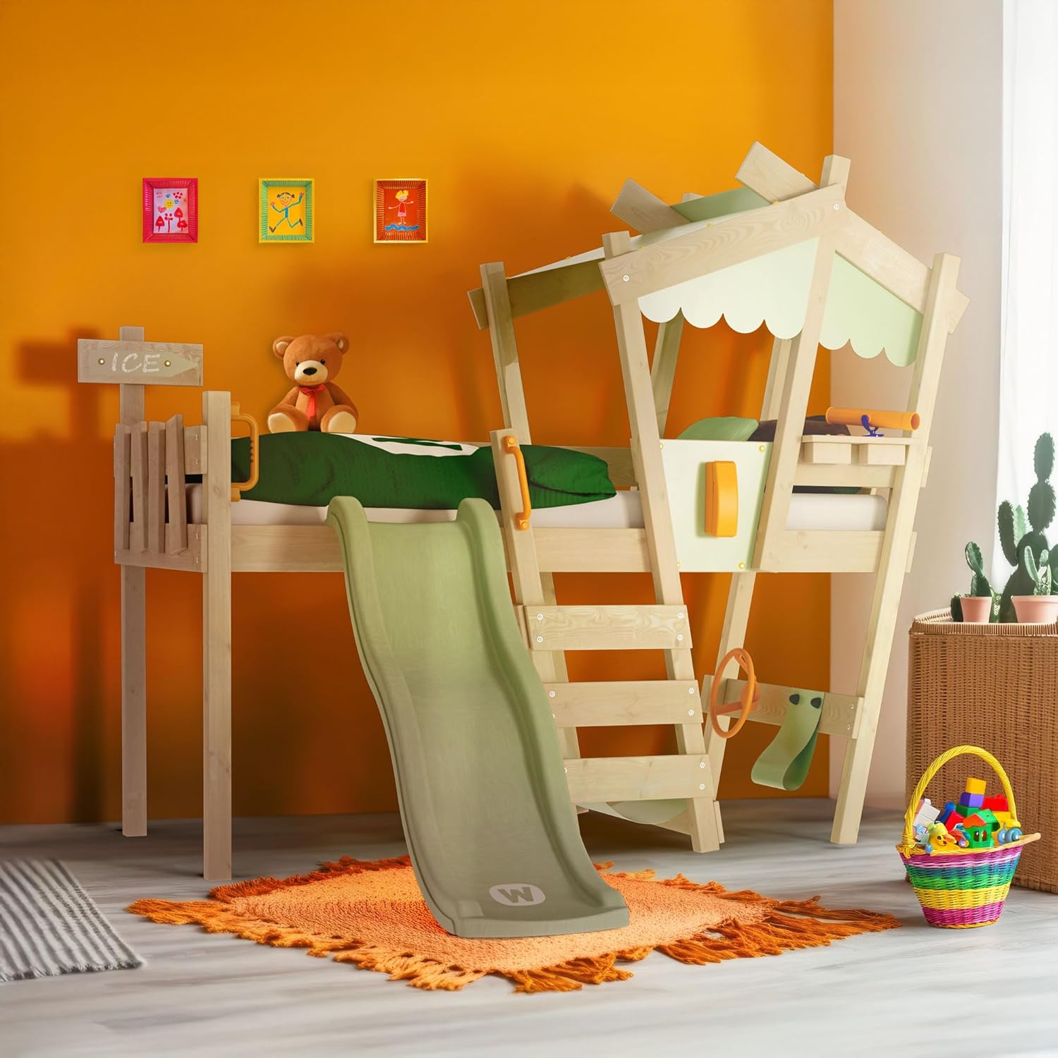 Wickey Kinderbett Hochbett Crazy Snuggy - mit pastellgrüner Rutsche & pastellgrüner Plane